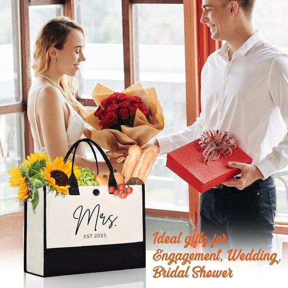 Mrs Canvas Tote Bag Large Capacity Bridal Shower Wedding Gift for Bride - Picture 2 of 7